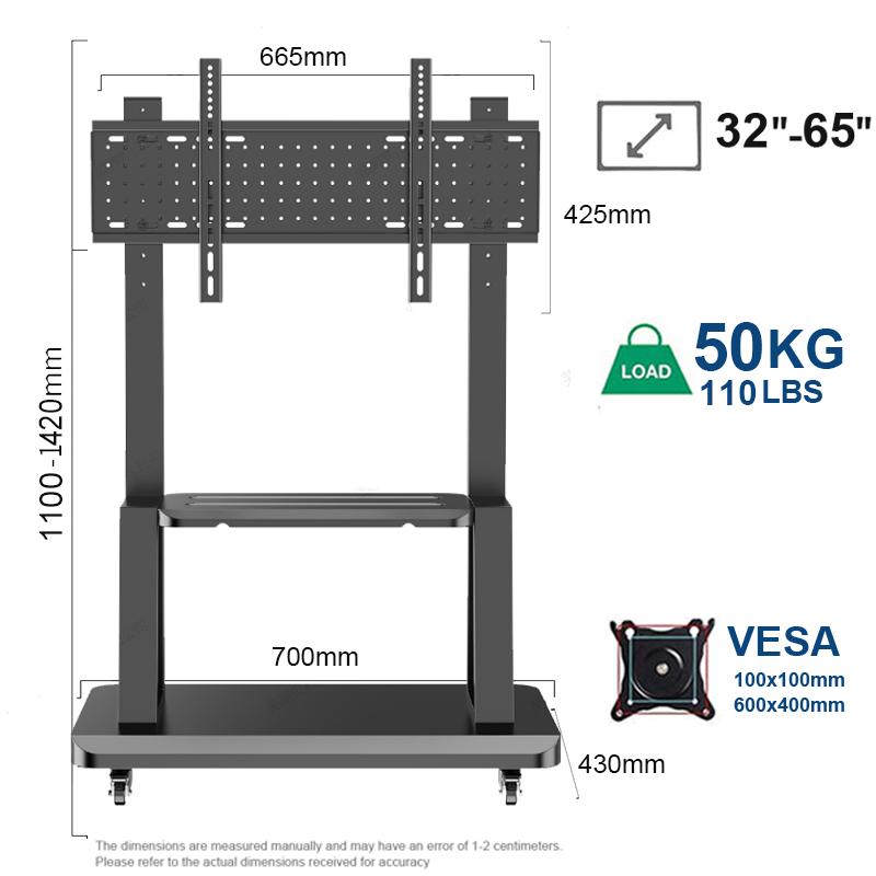 Mobile TV Stand for 32-75” TVs,Tilt TV Cart Holds Up To 176 Lbs Portable Stand with Storage Shelf Rolling Floor VESA 600x400mm