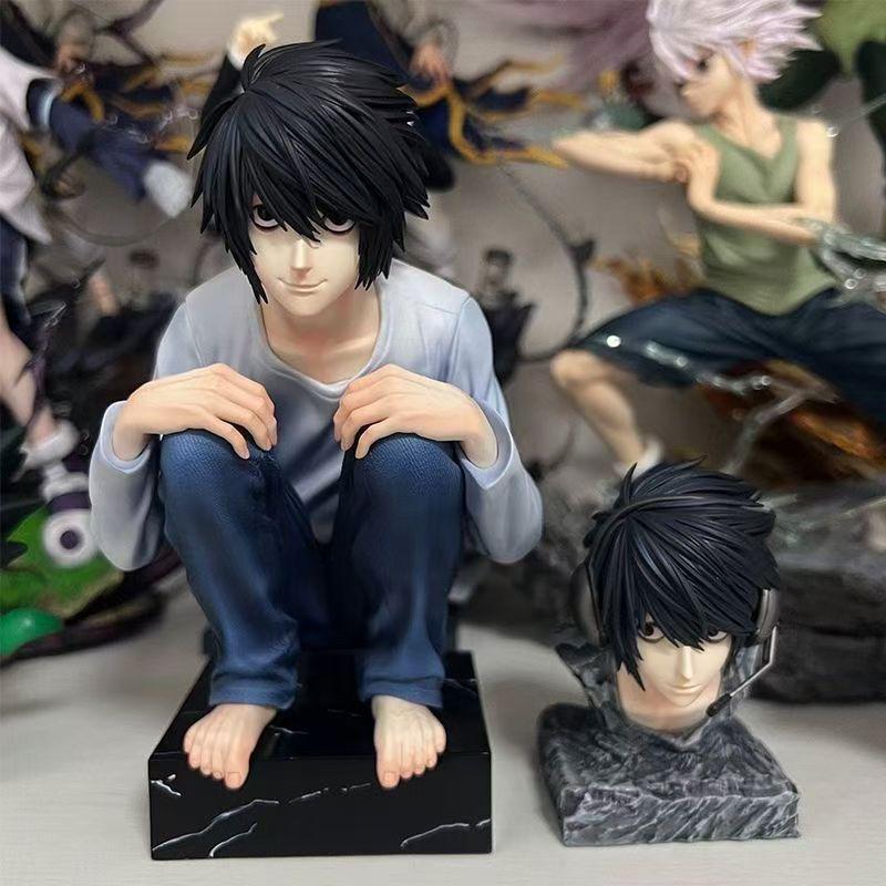 Death Note L Lawliet Figure, Crouching Pose, 2 Interchangeable Heads & Hands, Collectible PVC Statue, Desktop Decor Gift