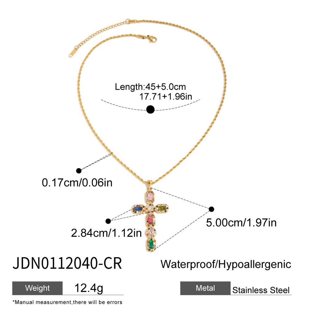 Youthway Vintage Elegant Stainless Steel Geometric Colorful Zircon Imitation Pearl Cross Pendant Necklace Set Women Jewelry Gift