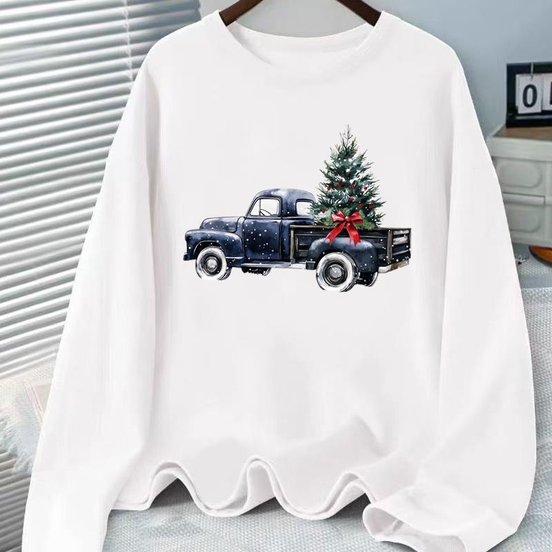 (Asian Size) Tree Watercolor Cute Print T Shirt Christmas New Year Graphic Tee Women Autumn Winter Casual Fashion Top Clothing Long Sleeve T-shirts