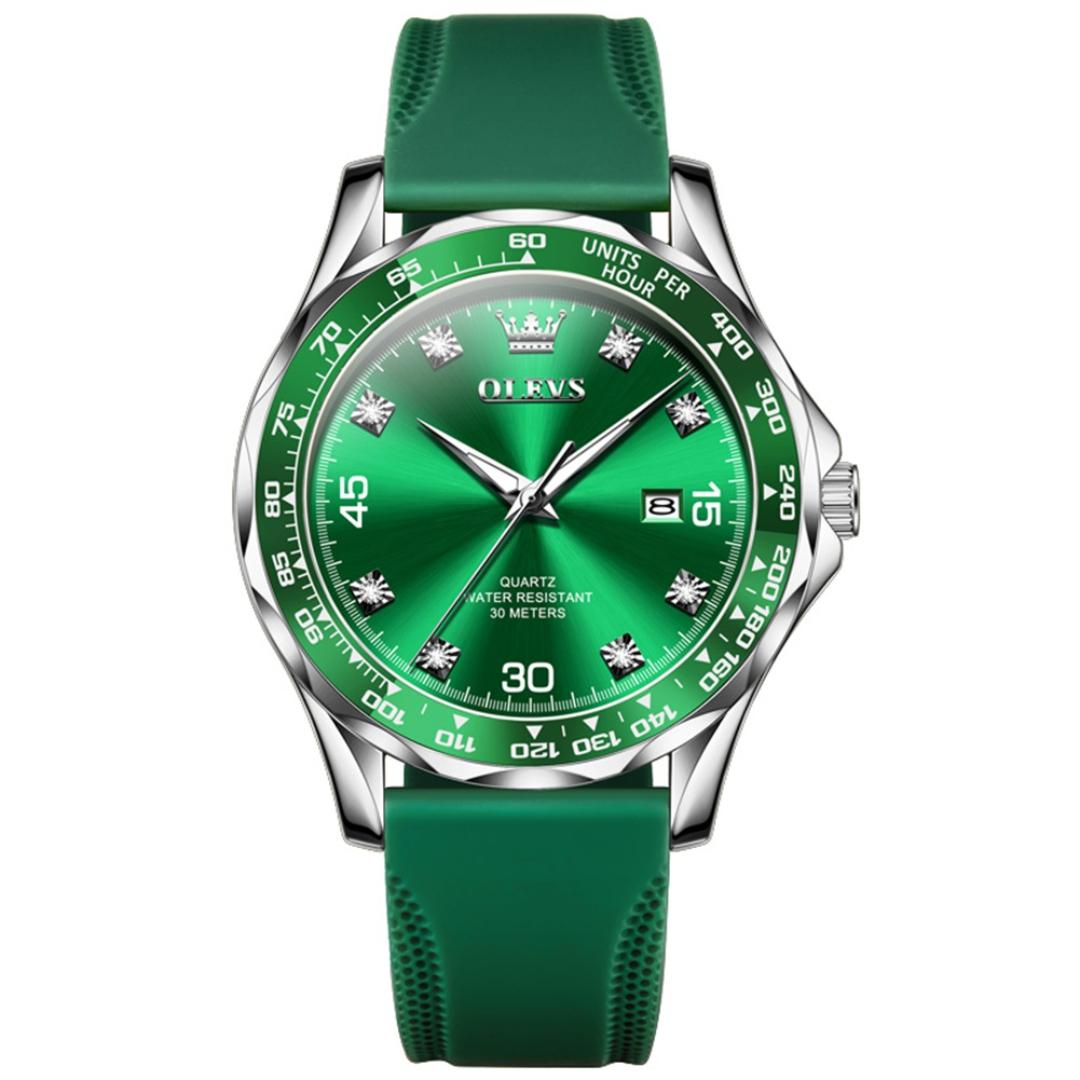 

Мужские деловые кварцевые часы с силиконовым ремешком, водонепроницаемые, с календарем и светящимся циферблатом, универсальные модные часы с бриллиантовой инкрустацией зелёный