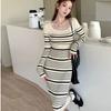 2026 Autumn/Winter Slim-Fit Striped Knit Midi Dress with Long Sleeves - French Style