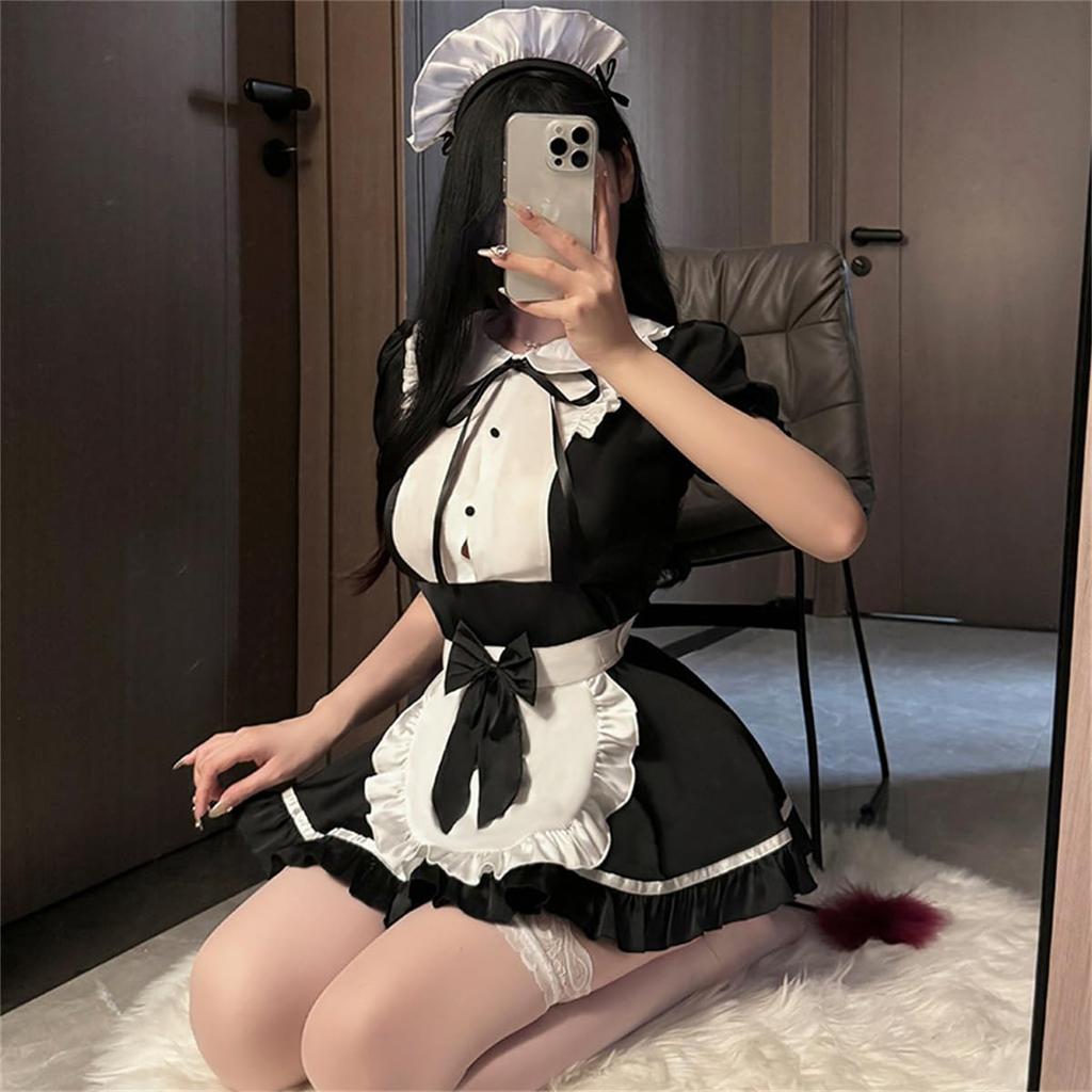 Maid 4 Piece Sexy Lolita One Bow Extreme School Festival Halloween Stockings Included [WhimsiNova] Clothes, Set, Cosplay, Maid, Piece, Tie, Cute,