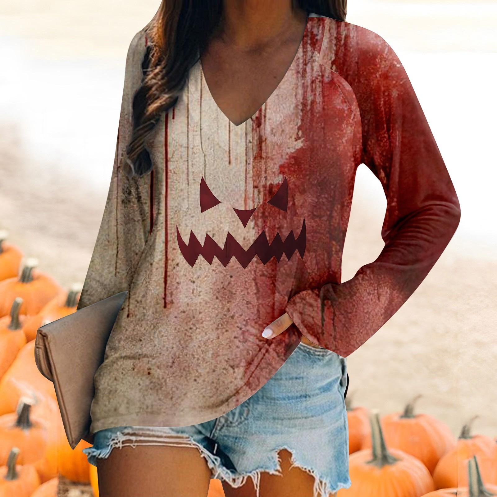 

Женская футболка с длинным рукавом и V-образным вырезом, повседневный, удобный топ с принтом на Хэллоуин XXL