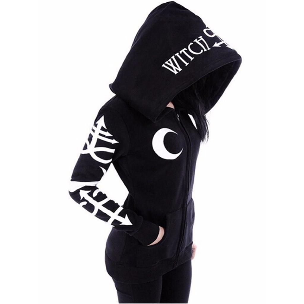 DRAGONHOO Womens Loose Gothic Punk Long Sleeve Hooded Solid Black Cardigan Jacket Coat