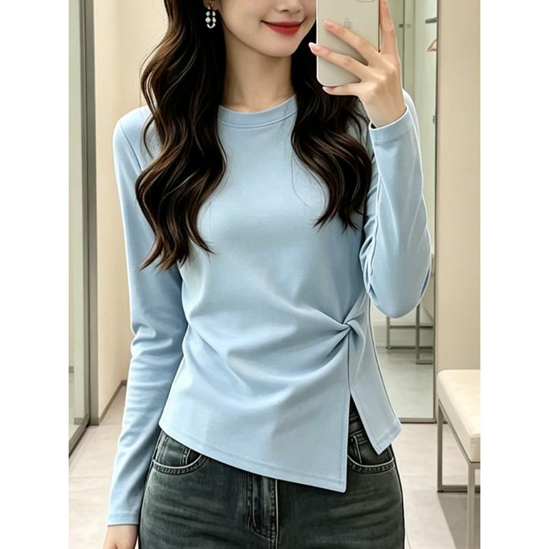 Women S Round Neck Twist Long Sleeve T Shirt Slim Fit Casual Basic Top