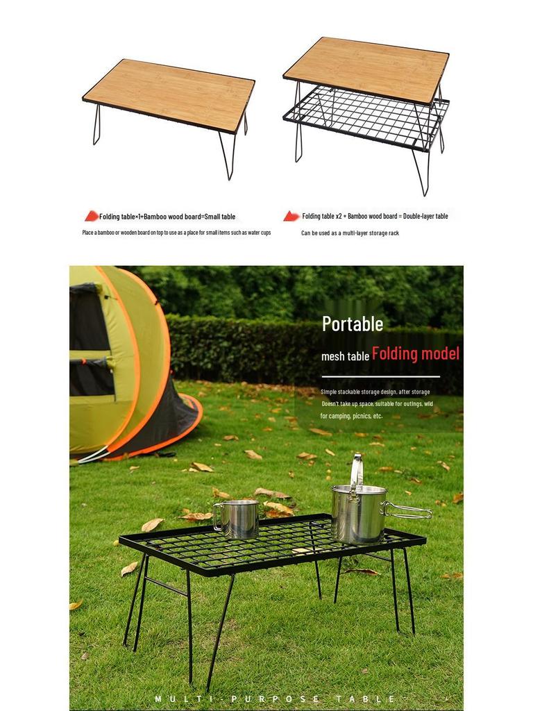 Draagbare Bamboe Eettafel met Gaasrek voor Kamperen & BBQ