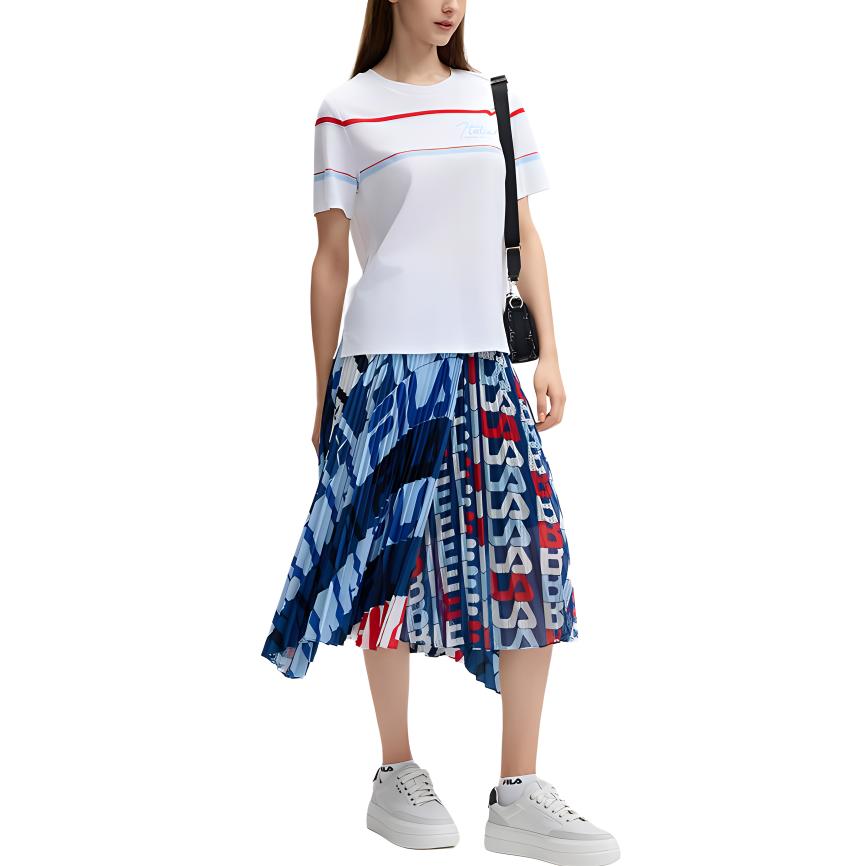 FILA Emerald Series Striped Round Neck Casual Letter Short Sleeve T-Shirt Women T-Shirts White F11W434105F-WT