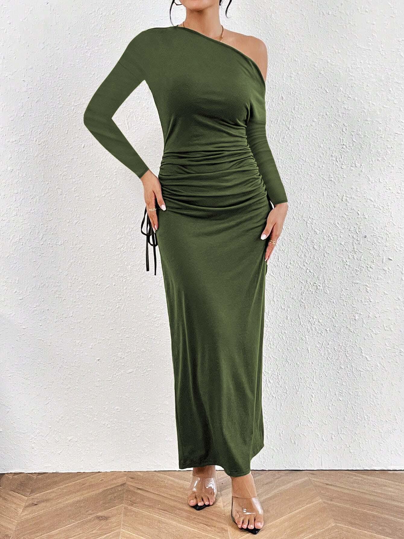 

Military Green One-Shoulder Slim Fit Elegant Long Dress S