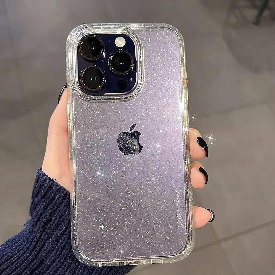 Luxury Soft Silicone Clear Glitter Phone Case For IPhone 11 12 13 14 15 Pro Max 15 Plus X XS Max XR Mini Shockproof Cover Funda