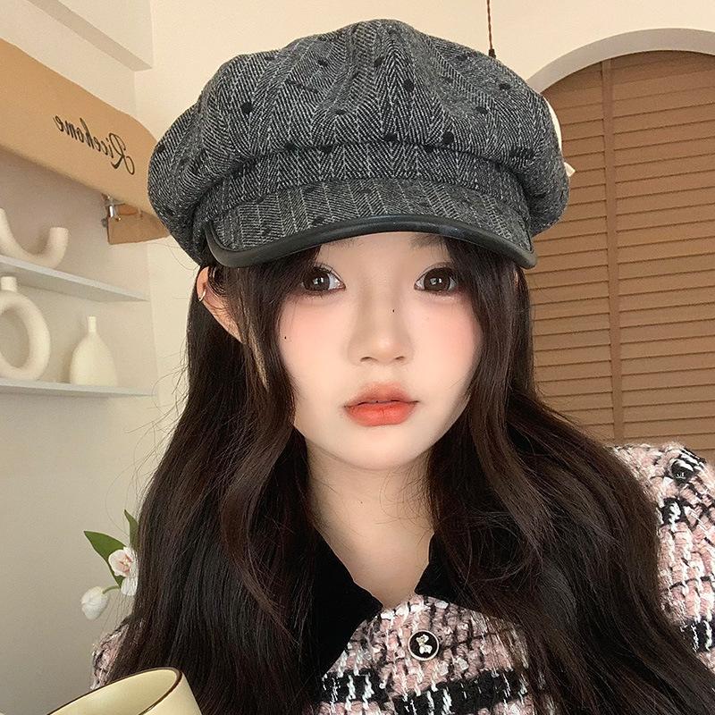 Simple Retro Striped Polka Dot Beret Korean Casual Windproof Octagonal Hat for Women Autumn and Winter Versatile Painter Hat New