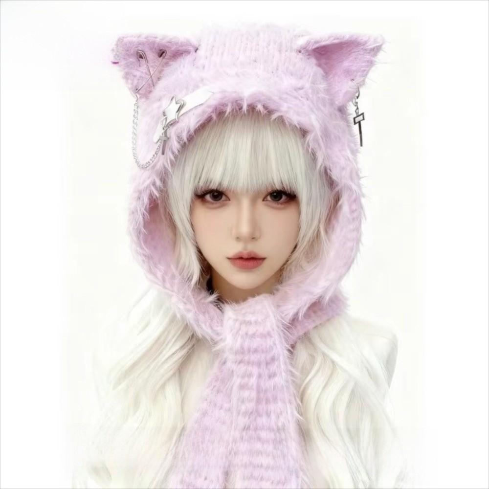New Harajuku Japanese Cat Ear Hat with Scarf Cross Chain Leather Women Y2K Punk Knitted Caps Buckle Warm Ear Flap Hat