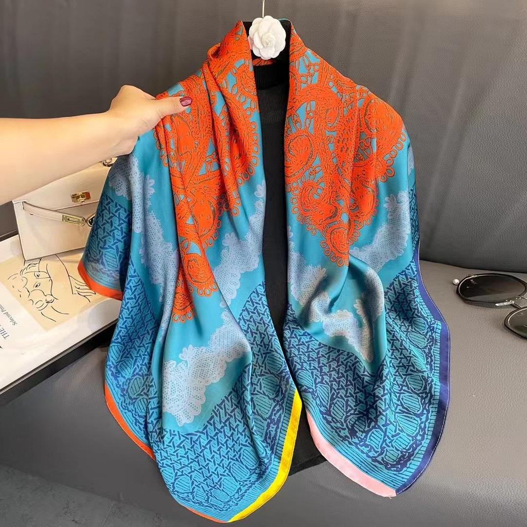 110cm Versatile Women’s Imitation Silk Scarf - Large, Printed, Decorative, Sunscreen Shawl