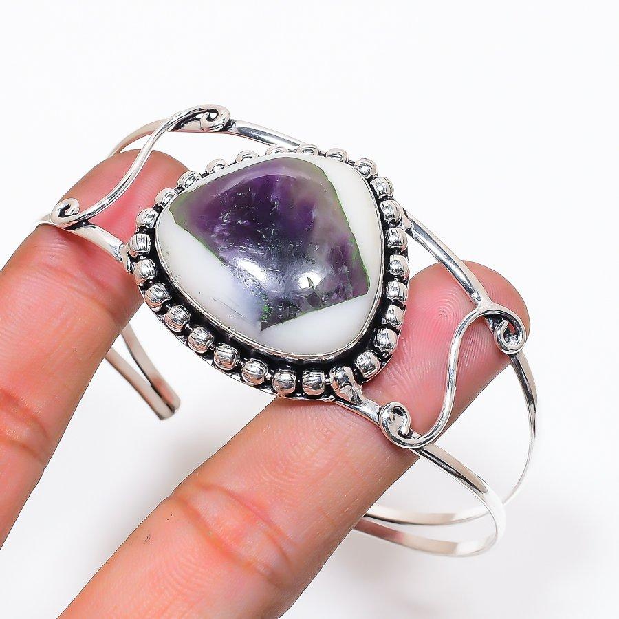 Natural Chevron Amethyst 925 Sterling Silver Cuff Bangle Adjustable AC-1423