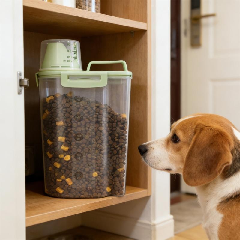 Transparent Plastic Pet Food Storage Box With Measuring Cup And Secure Handles Great For Travel and Home Indoor Use
