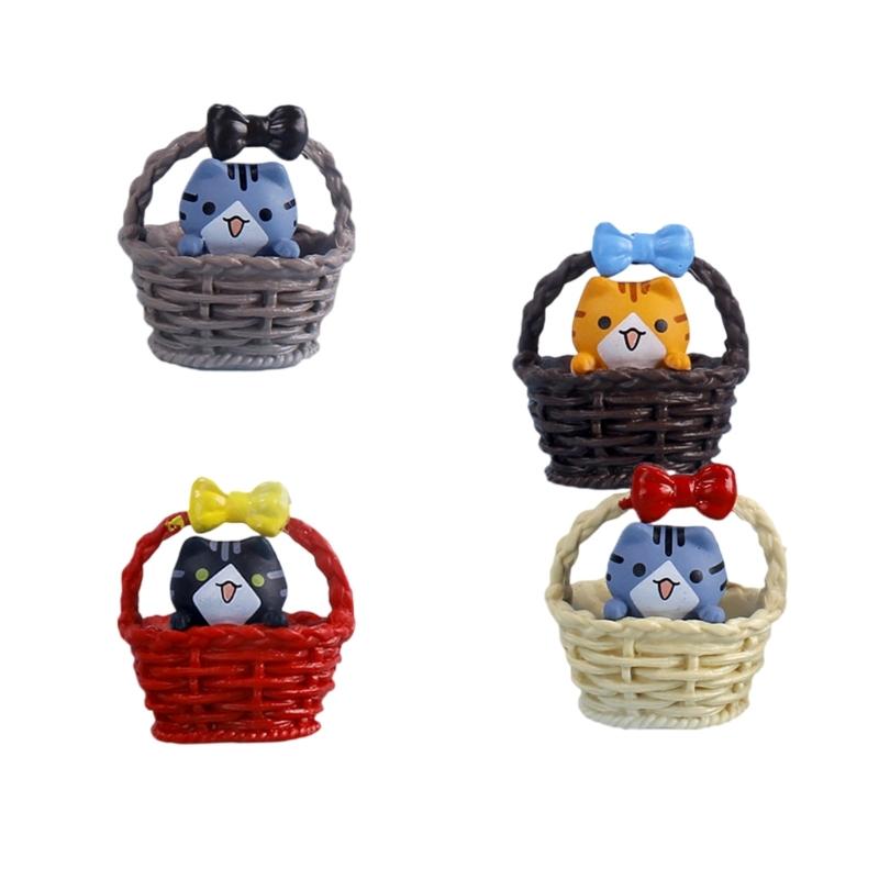 Pack of 4 Whimsically Plastic Cats Statue Basket Design Kitten Cartoon Miniature Figurine Craft for Living Room Desktop