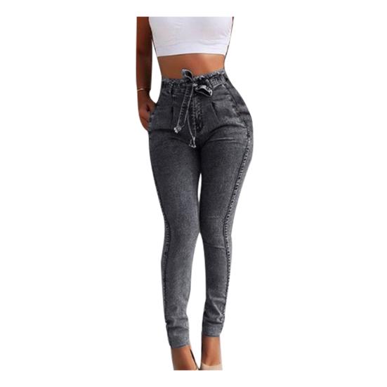 Damen High Waist Quasten Gürtel Slim Stretch Jeans Denim Leggings Bleistifthose