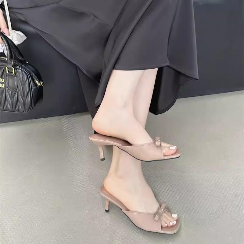 Spring and summer niche outer wear bow high-heeled open-toed slippers women's small sandals half slippers sandals