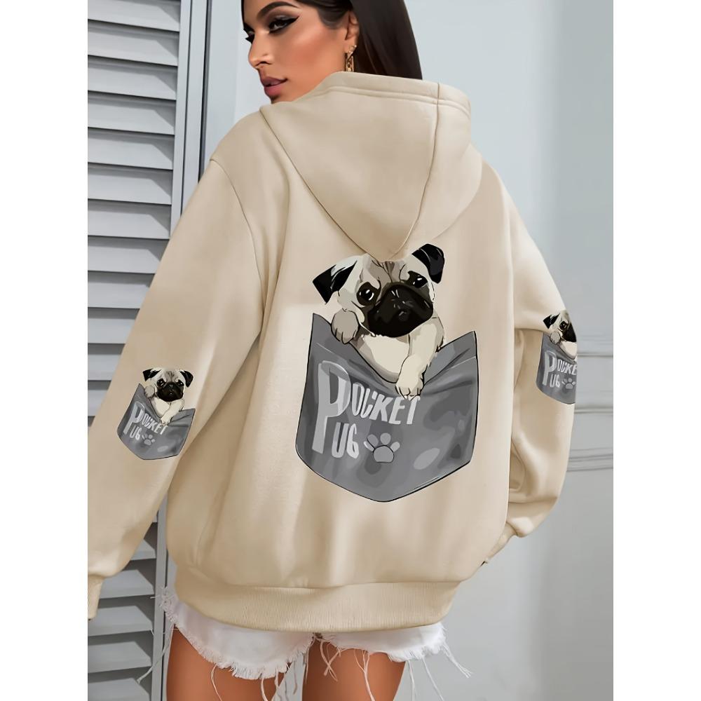 Pocket Pug Hoodies Women Cartoons dog Prints Hooded Loose Pockets Sweatshirts Winter Fleece Warm Tops