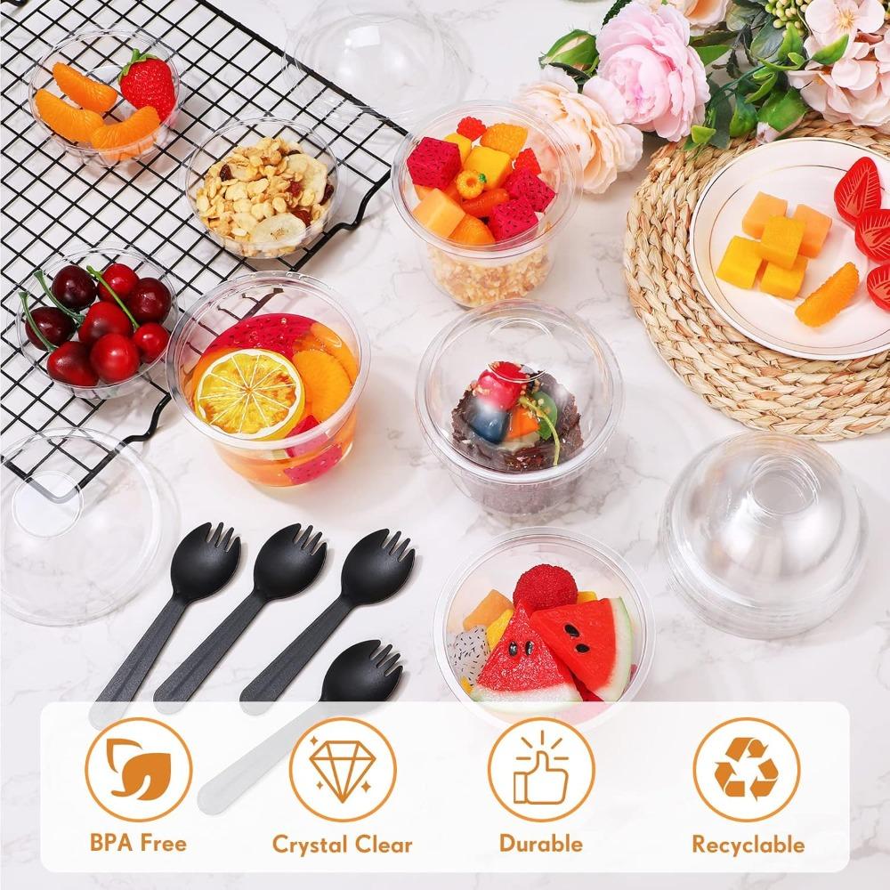 Clear Plastic Dessert Cups with Lids Sporks Ideal for Ice Cream Mousse Fruit Salad Picnics Parties and Cake Decorating Tools