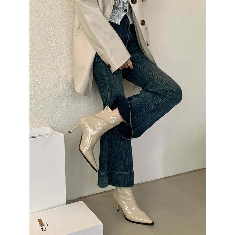 Black high-heeled short boots 2025 autumn and winter pointed head lacquered thin boots thin-heeled short boots autumn and winter single boots