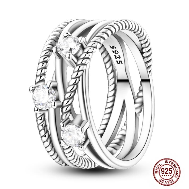 Shine Women koppar Fingerringar 925 Sterling Hjärta Krona Glöd Eldfluga Stjärna Sol Tusensköna Stapelbar Originalring Årsdag Zirkon