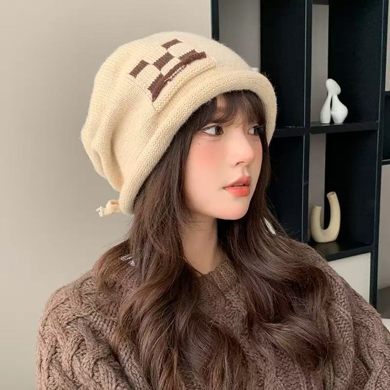 Autumn and Winter New Drawstring Checkerboard Knitted Wool Hat Women's Stacking Hat Big Head Circumference Versatile Bag Head Cold Hat