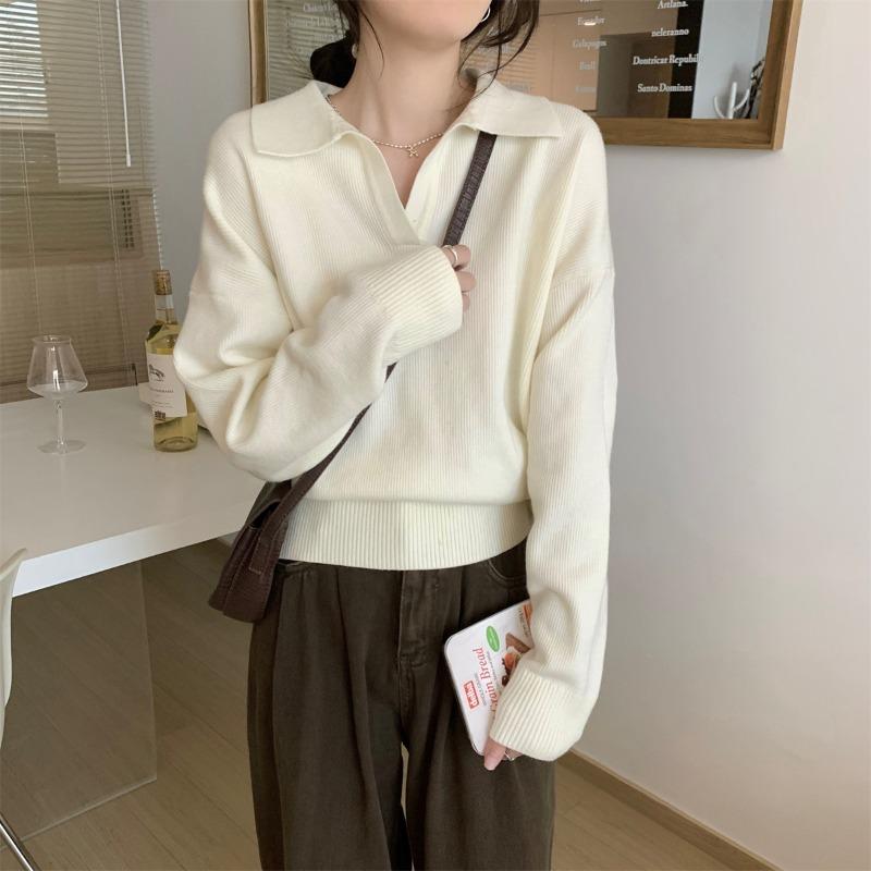 Loose Polo Neck Knitted Sweater Women's Spring Relaxation Versatile Top Age-reducing Inner Bottoming Shirt