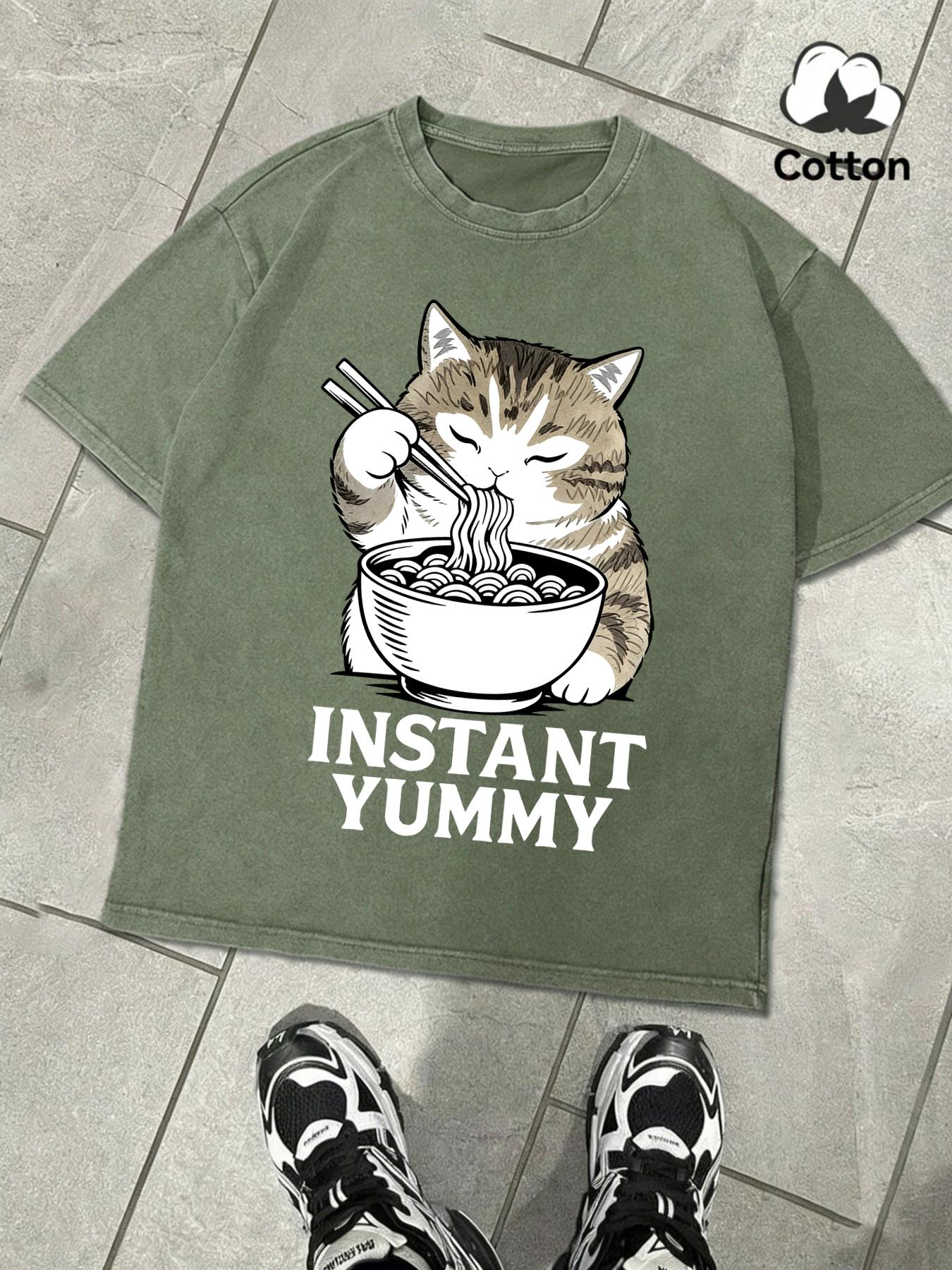 

Kittens Eat Delicious Noodles Mans TShirts Summer New Washed TShirt Soft Loose Retro Tee Unisex Fashion Cotton Streetwear S