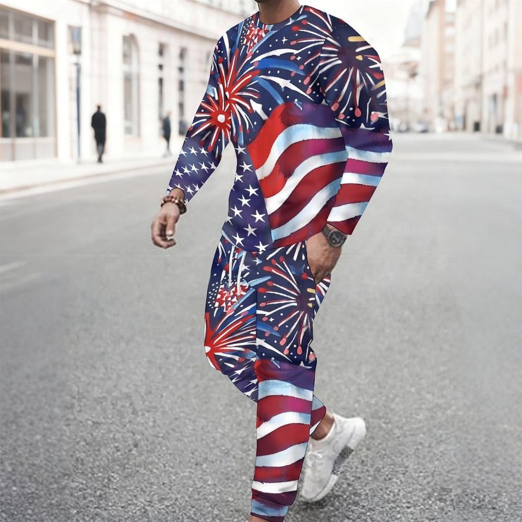 Men White All Over Mini American Flag Star Print Long Sleeve Sweatshirt And Drawstring Jogger Pants Two Piece Suit