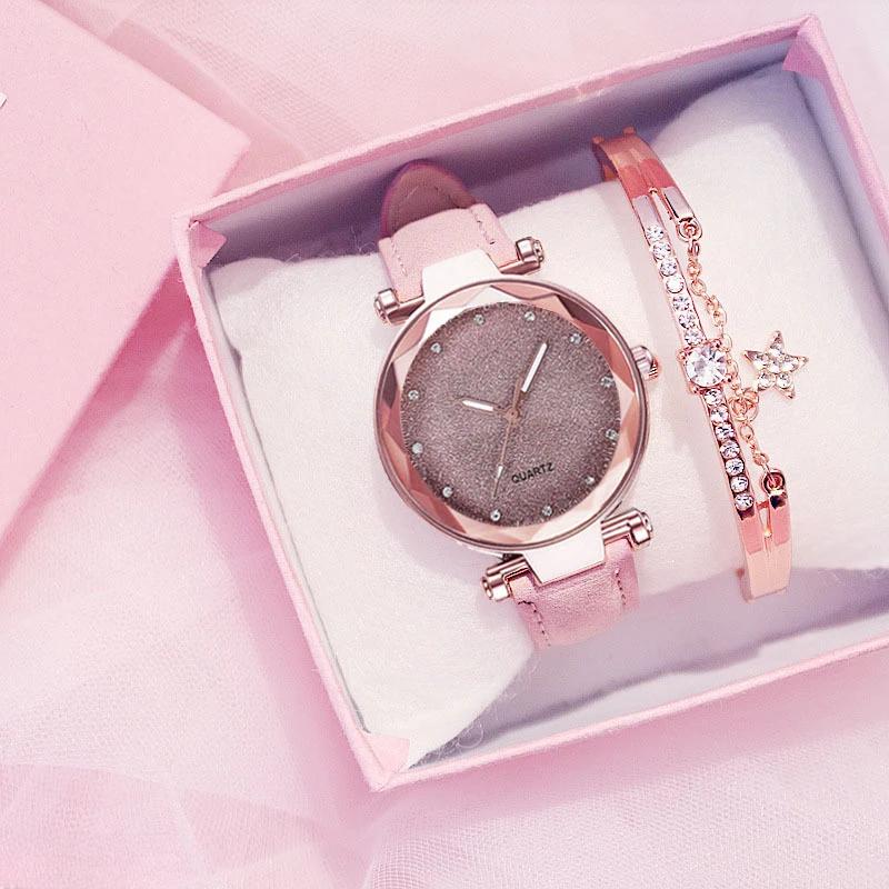 Starry Sky Women Watch Bracelet Ladies Wristwatch Pink Female Girls Clock Fashion Leather Simple Watches Reloj Mujer Rosa