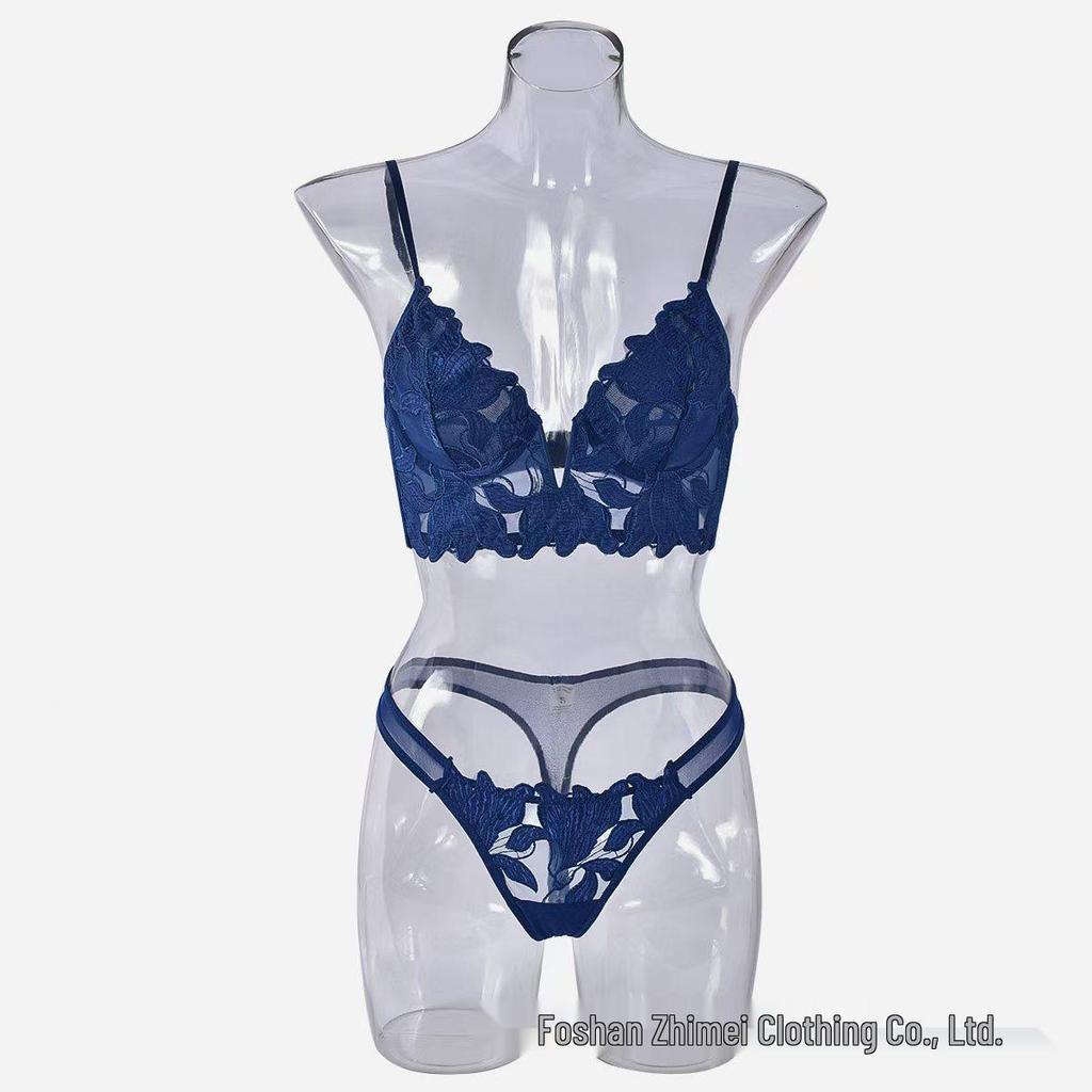 European & American Deep V Embroidered Lace Lingerie Set: Ultra-Thin Chest Minimizing Bra.