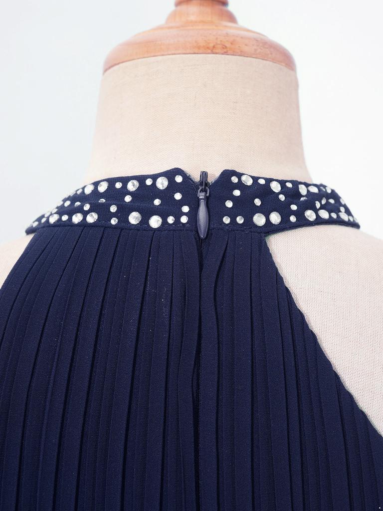 Kids Girls Shiny Rhinestone Party Dress Sleeveless Ruched Chiffon Dress High Waist Elegant Evening Formal Prom Dresses