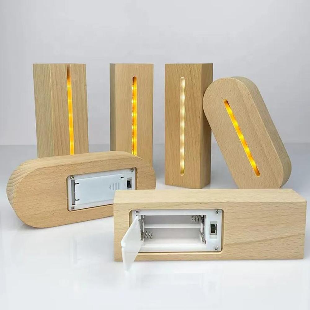 5.9 Inch Wood Base Led Light Display Stand AAA Battery Powered for Custom Acrylic Night Lamp Resin Glass Art DIY