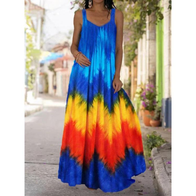 Boho Casual Loose Sleeveless V Neck Swing Long Dress Women Plus Size Fashion Printing Summer Beach Off-the-shoulder Dress