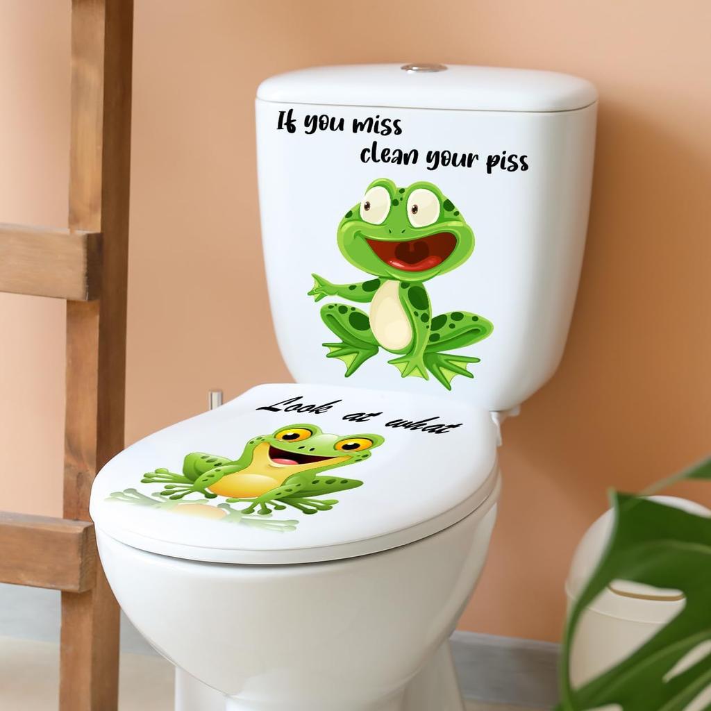 2PCS Cute Animals Toilet Seat Stickers Self-Adhesive Frogs and Lettering Toilet Lid Decals DIY Removable Smile Frog Quotes Toilets Stickers for