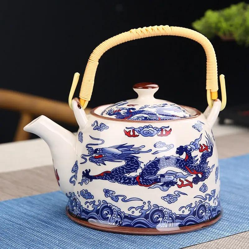 Ceainic din porțelan de uz casnic Oală din ceramică de mare capacitate cu apă rece Oală mare din porțelan, albastru și alb, cu mâner cu buclă