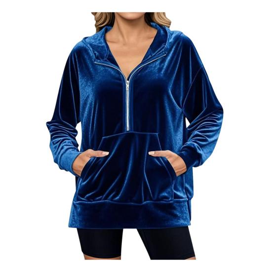 Samt Kapuzenpullover für Damen Oversized Langarm Zip-Up Hoodie Lässige Herbst Veloursjacke mit Taschen