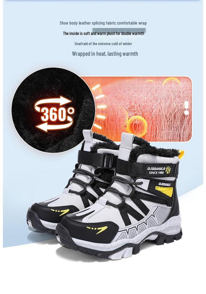 Kids' Winter Snow Boots with Velvet Lining, Ages 6-12, Outdoor Skiing, Warm & Cold-Proof Cotton Boots for Boys