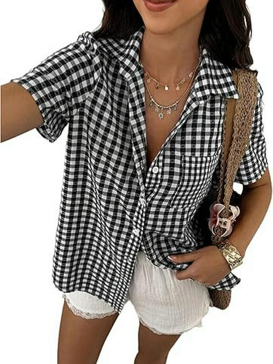 2026 Spring/Summer Women's Retro Plaid Loose Short-Sleeve Lapel Shirt