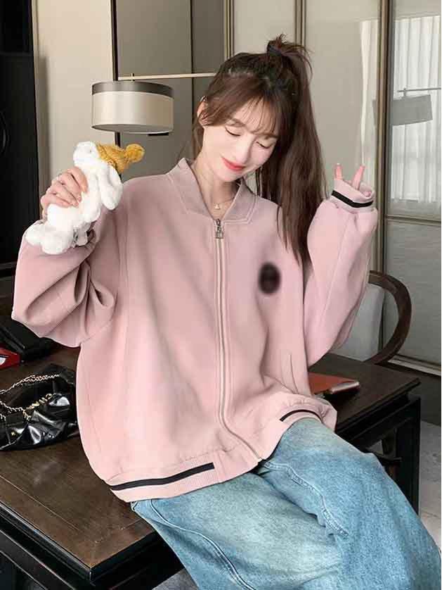 Women's Pink Retro Baseball Jacket: Casual, Loose, Slimming, Autumn/Winter College Style Outerwear.