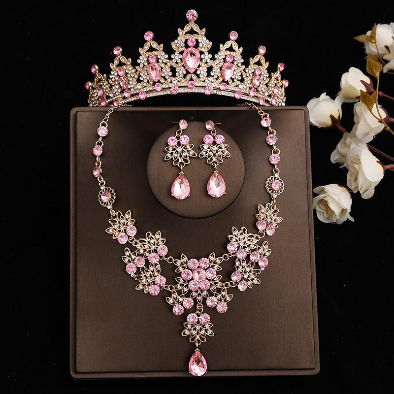 Pink Bridal Crown Three Piece Suit Wedding Crown Tiara Necklace Earrings Korean Super Fairy Wedding Dress Accessories