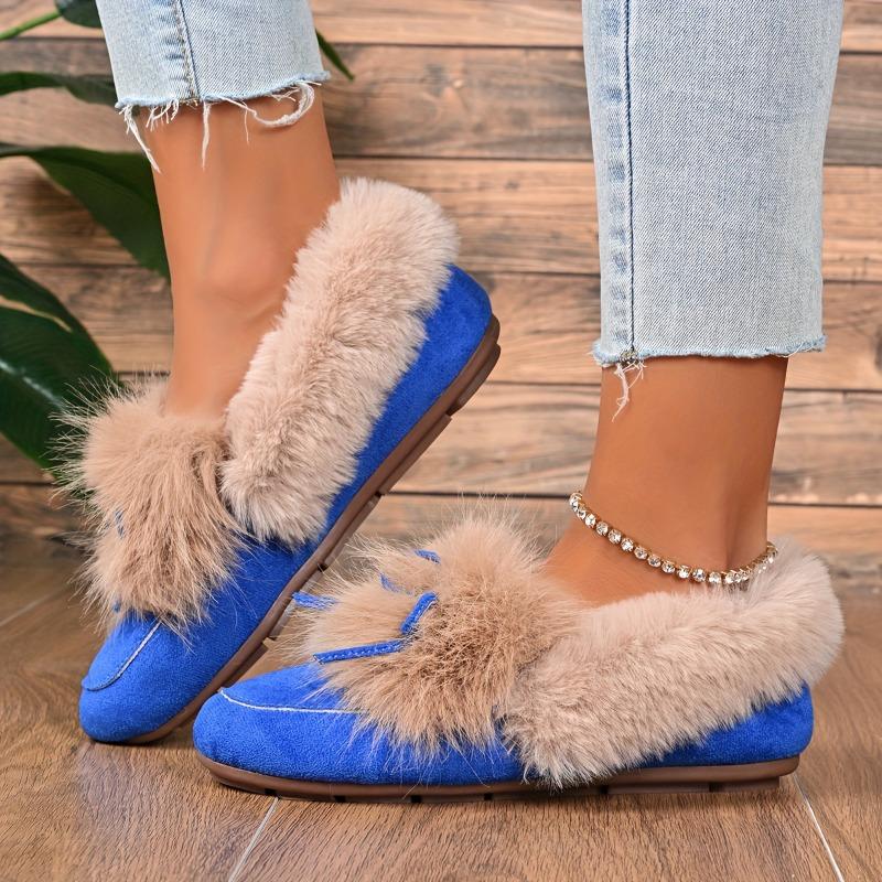 Women's Plush Slip-On Slippers with Bow - Winter Indoor/Outdoor House Shoes, Soft Cushioned TPR Sole & Plush, White/ Beige/ Brown/Dark Grey/Dark Blue