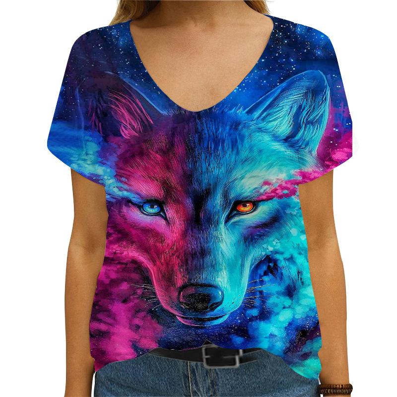 

Летняя женская футболка с V-образным вырезом и короткими рукавами с 3D-принтом красочного волка XS