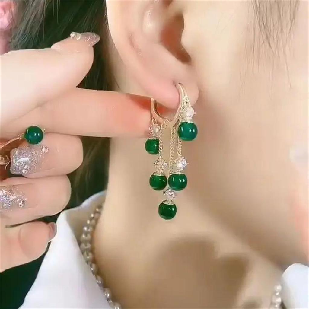 Glamorous Green Stone Tassel Earrings Inlaid Rhinestones Delicate Dangle Design for Daily Wear Or Weddings Fashionable Accessories To Enchant