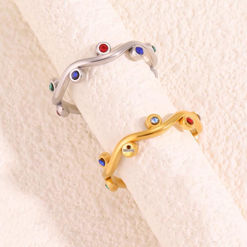 Colorful European & American Irregular Titanium Steel Open Ring with Non-Fading Diamond-Set