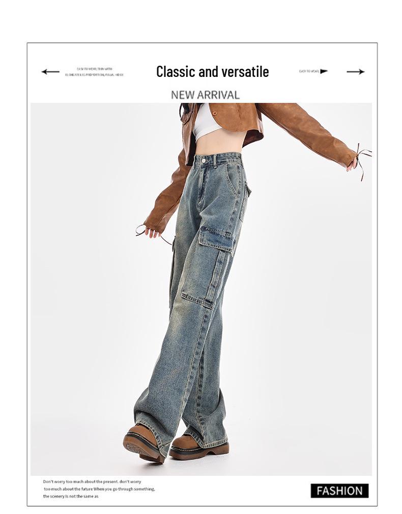 Spring 2026 Women's High-Waisted Cargo Wide-Leg Jeans with Multi-Pocket and Distressed Design