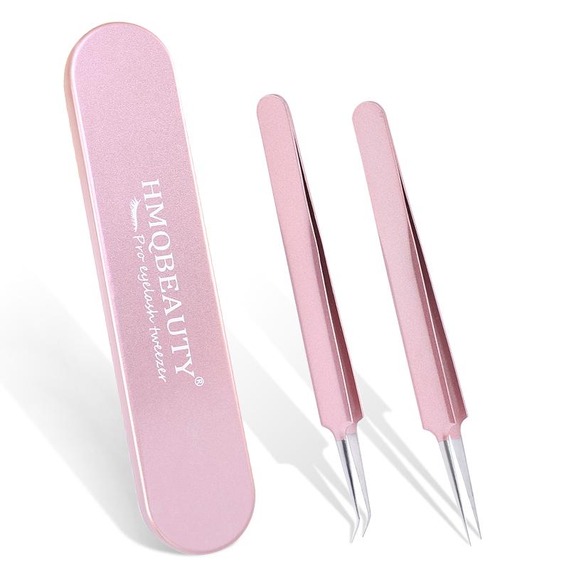 2PCS Eyelash Tweezers Set Professional Stainless Steel Eyelash Extension Tool Gold Anti-static Tweezer Storage Box