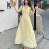 Retro V-neck Slimming Floral Print Midi Dress for Women Short Sleeve Ruffles Splice Temperament Vacation Long Dress