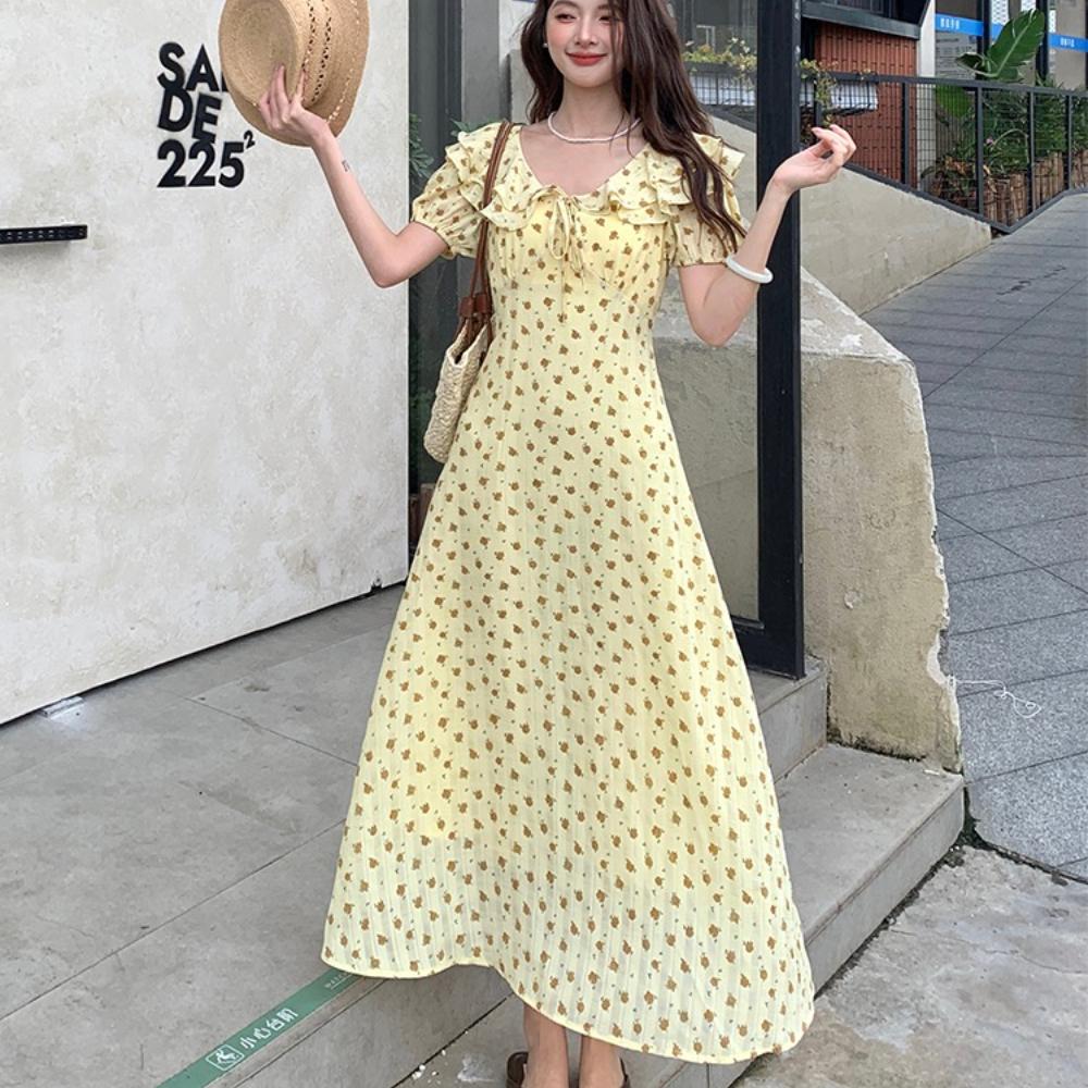 Retro V-neck Slimming Floral Print Midi Dress for Women Short Sleeve Ruffles Splice Temperament Vacation Long Dress